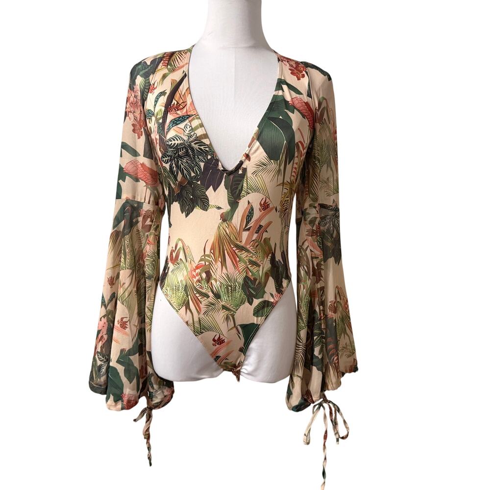 NWT Tropical Backless Bell Sleeve V Neck Bodysuit Medium Vacation Resort Party